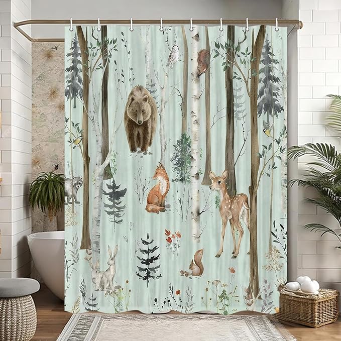 JAWO Rustic Forest Shower Curtain - Lodge Cabin Woodsy RV Wildlife Animals Woodland Campers Camping Bathroom Set with Hooks, 36X72 Inch, Teal