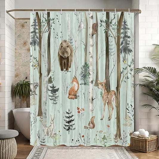 JAWO Rustic Forest Shower Curtain - Lodge Cabin Woodsy RV Wildlife Animals Woodland Campers Camping Bathroom Set with Hooks, 36X72 Inch, Teal