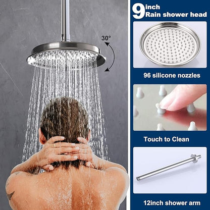 Antique Brass Shower System, 9" & 6" Dual Rain Heads and Handheld Spray Vintage Fixtures, 3-Function Dual Knob Valve with Separate Temperature Control, Brused Nickel