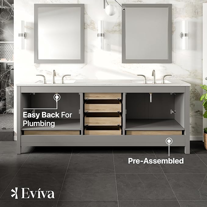 Eviva Aberdeen 84 in. Gray Double Sink Bath Vanity with Carrara Quartz Top and Undermount Porcelain Sinks