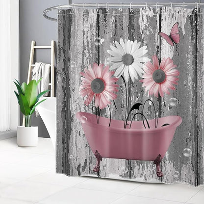 HVEST Pink and Gray Floral Shower Curtain with Hooks Daisy Flower in Bathtub and Butterfly on Rustic Wood Shower Curtain for Bathroom 78L X 72W inch Polyester Fabric Bathroom Decoration Bath Curtain