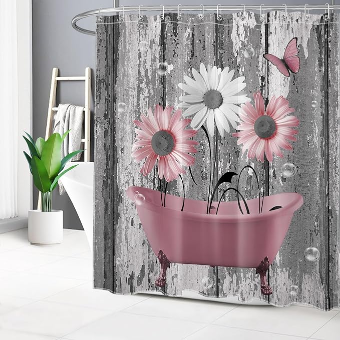 HVEST Pink and Gray Floral Shower Curtain with Hooks, Farmhouse Daisy Flower in Bathtub and Butterfly on Rustic Wood Shower Curtain Set Polyester Fabric Bathroom Decor Accessories, 72L X 72W inches