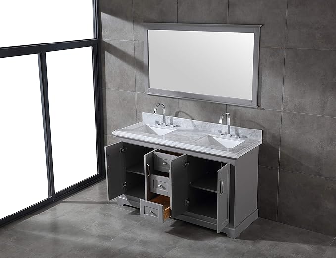 Mareo 60" Solid Wood Double Sink Bathroom Vanity | Marble Countertop & Backsplash | Soft Closing Doors & Drawers | Nickel Brushed Handles | Grey Cabinet & Undermount Ceramic Sink Top | Pre-Assembled