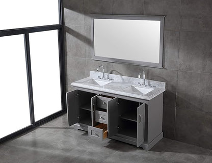 Mareo 60" Solid Wood Double Sink Bathroom Vanity | Marble Countertop & Backsplash | Soft Closing Doors & Drawers | Nickel Brushed Handles | Grey Cabinet & Undermount Ceramic Sink Top | Pre-Assembled