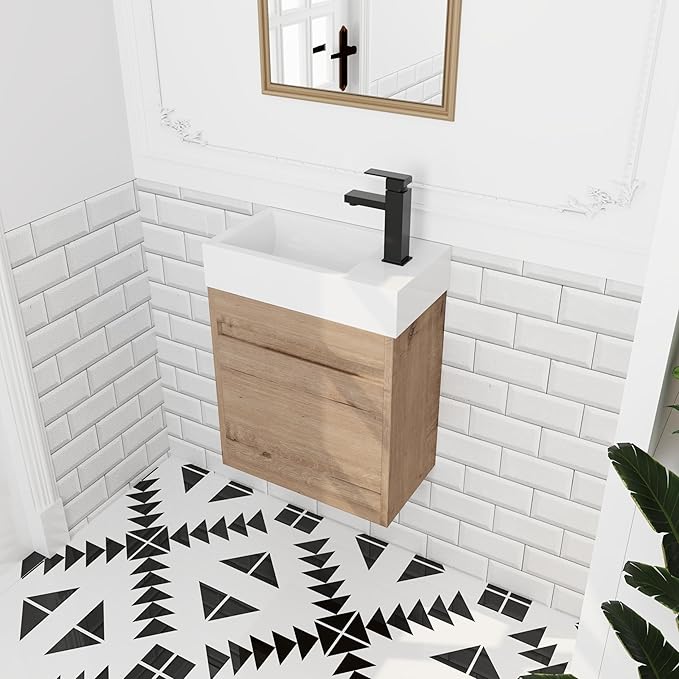 18" Wall-Mounted Floating Bathroom Vanity with Sink - Modern Vanity Cabinet for Small Bathrooms, Soft-Close Door & Waterproof Resin Countertop (Space-Saving Design)