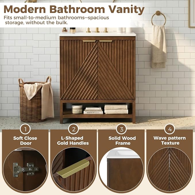 30 Inch Walnut Mid-Century Bathroom Vanity with Ceramic Basin Sink, Space Saving Bathroom Storage Cabinet with Sink & Dual Hidden Drawers & Open Bottom Shelf, Fluted Door Panel (Walnut Style2, 30")