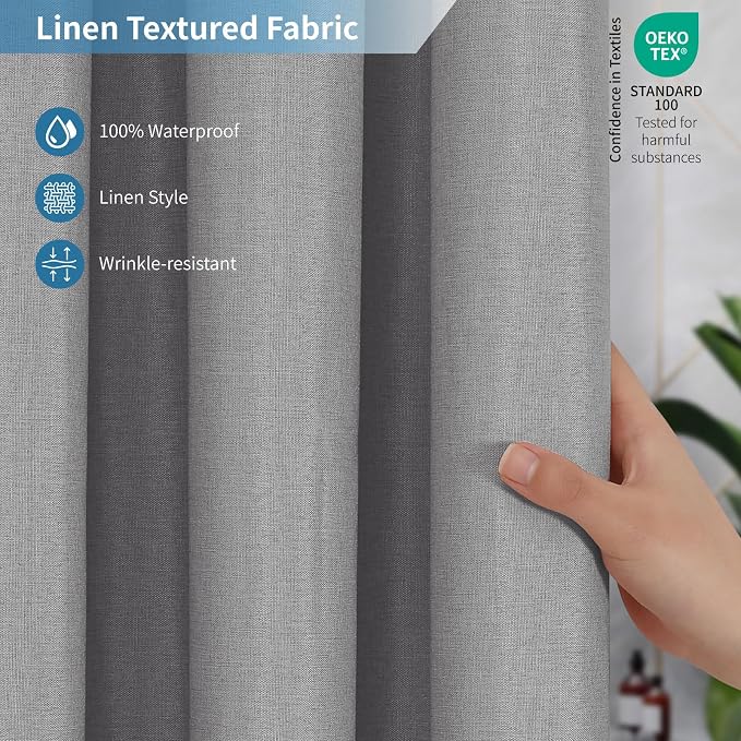 Extra Long Fabric Shower Curtain with Waterproof Layer,72x84,Grey | 2-in-1 Design,Linen Textured,100% Waterproof TPU-Laminated Backing,Magnetic Weighted,Machine Washable,For Bathroom,Hotel
