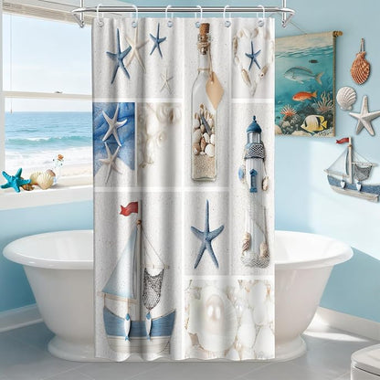 Beach Small Shower Curtain Ocean Modern Nautical Theme Fabric Aesthetic Lighthouse Seashell Bathroom Decor Sets with Grommets and Hooks 36 W x 72 H Inches Blue and White