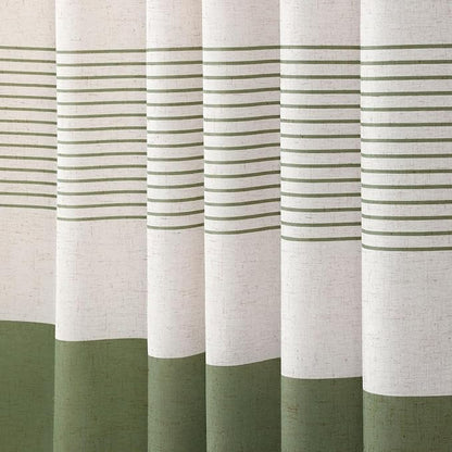 Sage Green Boho Linen Striped Shower Curtain with Tassel 72"W X 80"L | Boho Farmhouse Shower Curtains with Linen Texture for Bathroom Decor