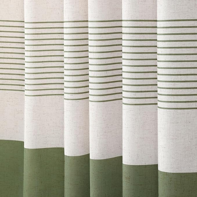Sage Green Boho Linen Striped Shower Curtain with Tassel 72"W X 84"L | Extra Long Boho Farmhouse Shower Curtains with Linen Texture for Bathroom Decor