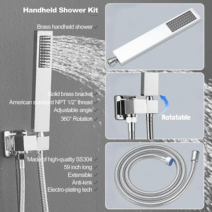 Shower Faucet Set with Body Jets 10 Inch Polished Chrome Shower Head Handheld Shower Combo Set High Pressure Wall Mount with Rough-in Valve, Polished Chrome