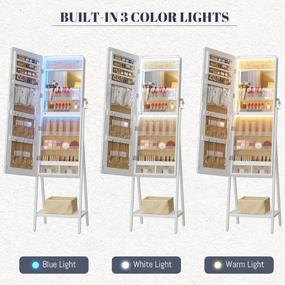 LVSOMT 14 RGB LED Mirror Jewelry Cabinet, Large Jewelry Armoire Standing | Lockable Full Length Mirror with Jewelry Storage, Space-Saving Jewelry Organizer Mirror, 14 RGB Lights, White