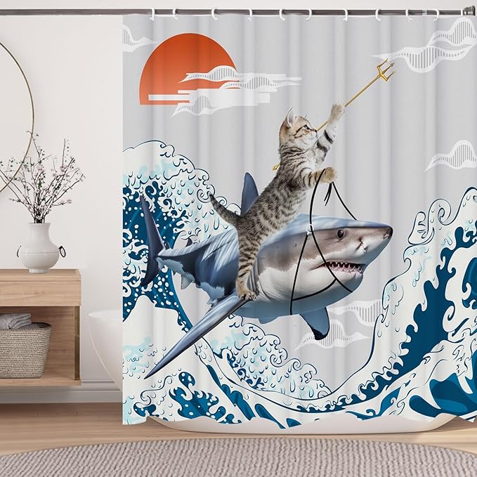 Funny Cute Cat Shower Curtains,Japan Cat Shark with Ocean Sea Wave Shower Curtain for Bathroom,Japanese Cool Fabric Shower Curtain Set with Hooks Bath Decoration 72X72inches