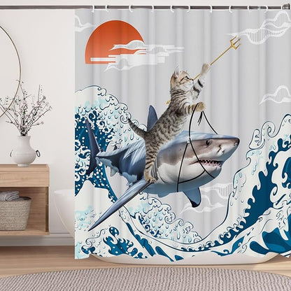Funny Cute Cat Shower Curtains,Japan Cat Shark with Ocean Sea Wave Shower Curtain for Bathroom,Japanese Cool Fabric Shower Curtain Set with Hooks Bath Decoration 72X72inches