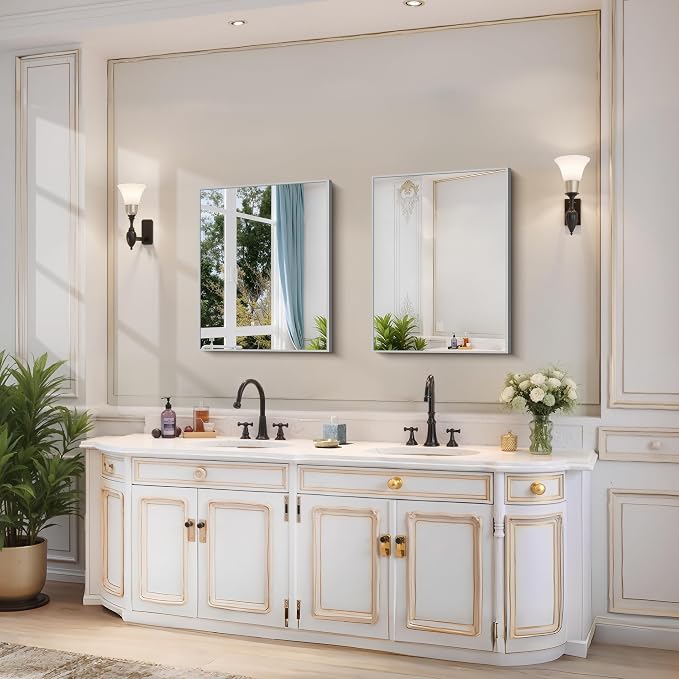 YIROMAN Bathroom Mirror 18"x24",Brushed Silver Bathroom Mirror for Over Sink with Aluminum Frame, Rectangular Vanity Mirror with Right Angle, Wall Mirror Hangs Horizontal or Vertical