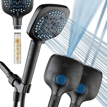 AquaCare 4X 10-Mode High Pressure Hand Shower w/Filter & 2-mode Power Wash | Filters Chlorine & Toxins, Softens Hard Water for Healthy Skin & Hair. Handheld Power Head Cleans Tub, Tile & Pets / Bronze