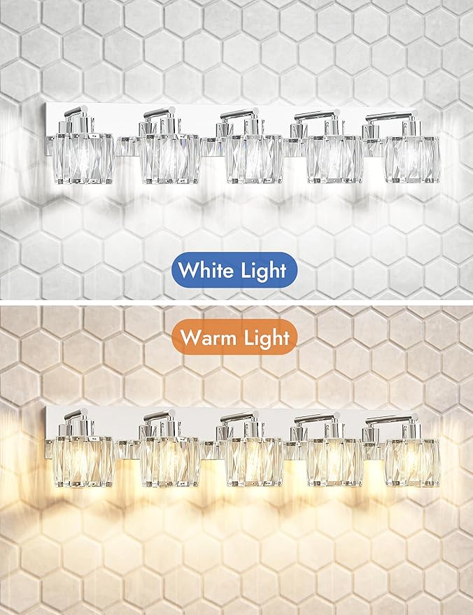 VOLISUN Crystal Vanity Lights - 5 Light Modern Stainless Steel & Chrome Bathroom Light Fixtures Over Mirror - UL Certificated (Exclude Bulb)