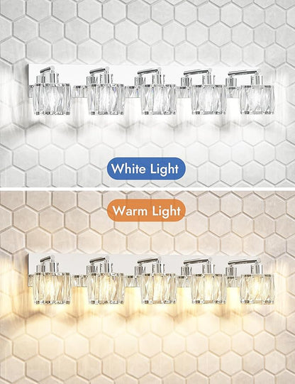 VOLISUN Crystal Vanity Lights - 5 Light Modern Stainless Steel & Chrome Bathroom Light Fixtures Over Mirror - UL Certificated (Exclude Bulb)
