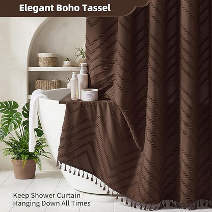 Siiluminisoy Brown Shower Curtain Fabric Shower Curtain for Bathroom 72 x 72 Tufted Chevron Textured Striped Modern Farmhouse Minimalist for Bathroom
