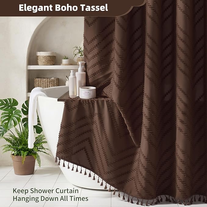 Siiluminisoy Brown Shower Curtain Fabric Shower Curtain for Bathroom 72 x 78 Tufted Chevron Textured Striped Modern Farmhouse Minimalist for Bathroom