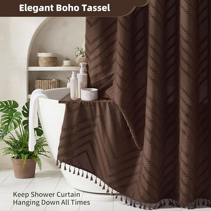 Siiluminisoy Brown Shower Curtain Fabric Shower Curtain for Bathroom 72 x 78 Tufted Chevron Textured Striped Modern Farmhouse Minimalist for Bathroom