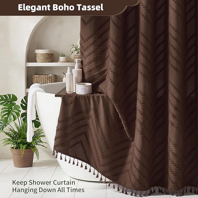 Extra Long Boho Shower Curtain, Woven Fabric 84 in Brown Shower Curtain, 72 x 84, Tufted Chevron Striped Modern Chic Textured Minimalist Bathroom