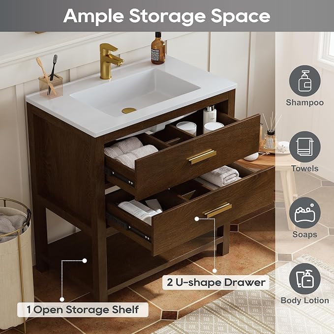30 Inch Bathroom Vanity with Sink, Farmhouse Storage Cabinet with Drawers & Open Storage Shelf, Easy Assembly, Adjustable Feet, Walnut