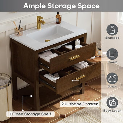 30 Inch Bathroom Vanity with Sink, Farmhouse Storage Cabinet with Drawers & Open Storage Shelf, Easy Assembly, Adjustable Feet, Walnut