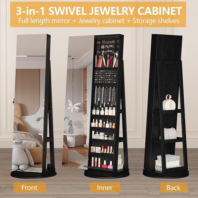LVSOMT Standing Jewelry Cabinet with Sliding Full Length Mirror, Black | 360° Swivel Mirror with Jewelry Storage, Lockable Jewelry Armoire Organizer with 3 Rear Shelves for Bedroom, Gift for Women
