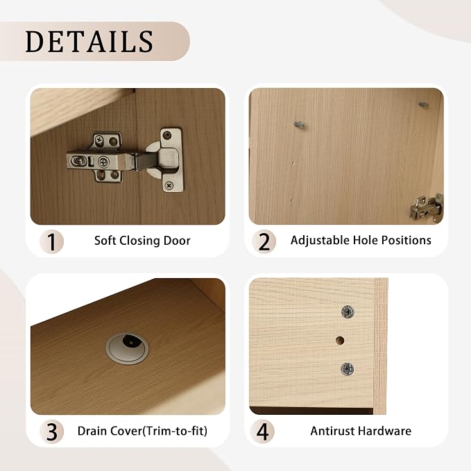 36-Inch Bathroom Vanity with Sink Mid-Century Bathroom Vanities with Top Basin Floor Wood Bathroom Sink Cabinet with Soft-Close Doors & Adjustable Storage Shelves (Oak)