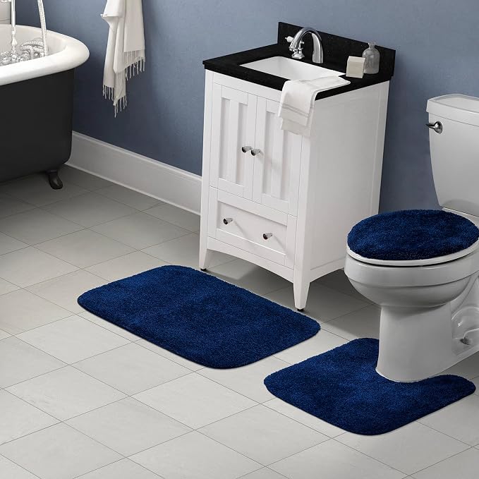 Garland Rug Traditional Nylon Washable Navy 3 Piece Set - Lid, Contour, Bath Rug - Soft, Absorbent, and Stylish for Your Bathroom