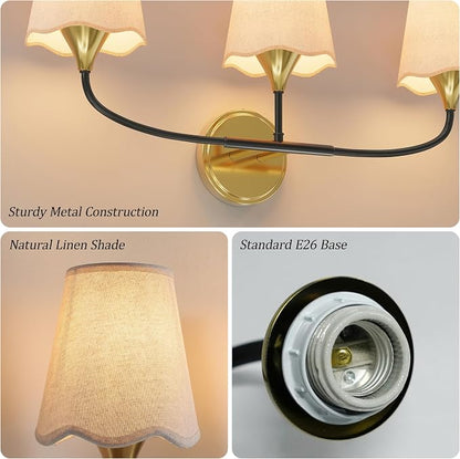 Morauroral Bathroom Light Fixtures Over Mirror, 3 Light Vanity Light for Bathroom, Black Gold Vanity Light Fixtures with Fabric Linen Shade, E26 Socket Sconce Wall Decor(ETL Listed)