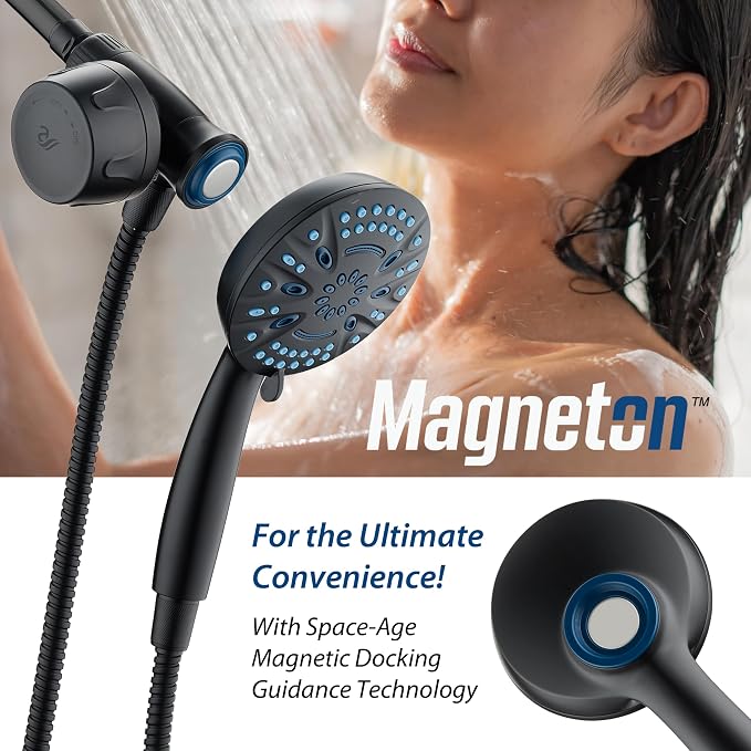 AquaCare Magneton 8-Mode High Pressure Handheld Shower Head w/Water Filter | Filters Chlorine & Toxins for Healthy Hair & Skin. Spaca-age Magnetic Docking, Hygienic Jets, Long 6 ft. Metal Hose / Black