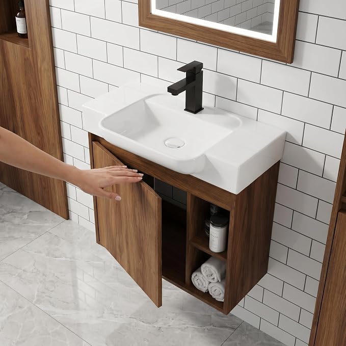 24" Bathroom Vanity with Sink, Wall-Mounted Cabinet, Brown Ebony | Ceramic Sink, Soft-Close Door & 2 Open Storage Shelves, Modern Farmhouse Sink Cabinet, Easy to Clean for Small Bathroom