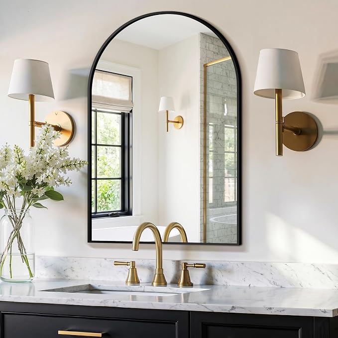 FGU Arched Bathroom Mirror for Over Sink 30"x20" Black Vanity Mirror | Wall Mounted, HD Tempered Shatter-Proof Glass, Rust-proof Arched Metal Frame, Arch Mirror for Bedroom, Living Room, Entryway