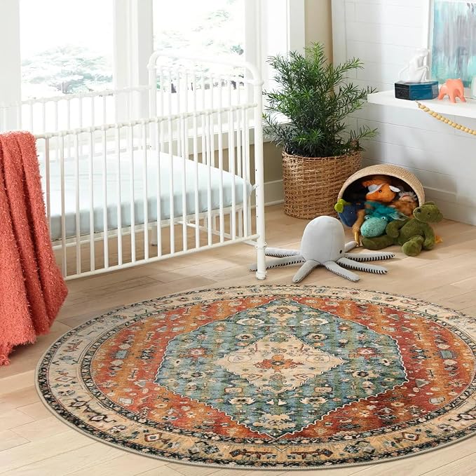 Lahome Felice Boho Tribal Round Rugs 6ft Washable Living Room Area Rug, Soft Bedroom Circle Rug, Oriental Large Indoor Floor Dining Room Carpet for Entryway Nursery (Rust/Dull Teal,6ft-Round)