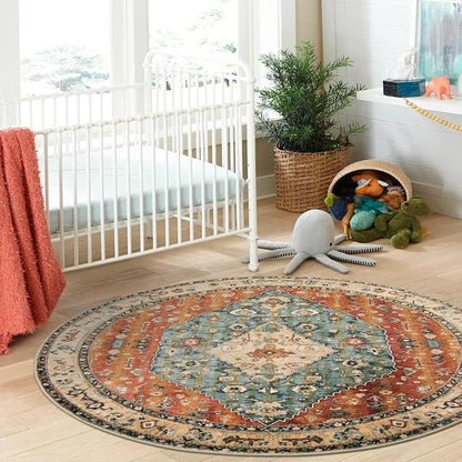 Lahome Felice Boho Tribal Round Rugs 6ft Washable Living Room Area Rug, Soft Bedroom Circle Rug, Oriental Large Indoor Floor Dining Room Carpet for Entryway Nursery (Rust/Dull Teal,6ft-Round)