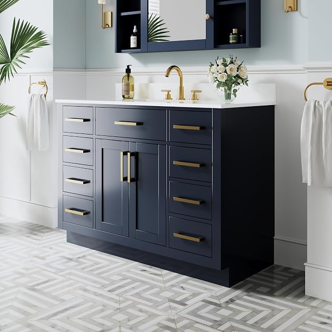 48-Inch Bathroom Vanity with Sink W/ 2 Doors & 8 Drawers & 1 Flip Drawer, Navy Blue Vanity W/Brushed Gold Handles