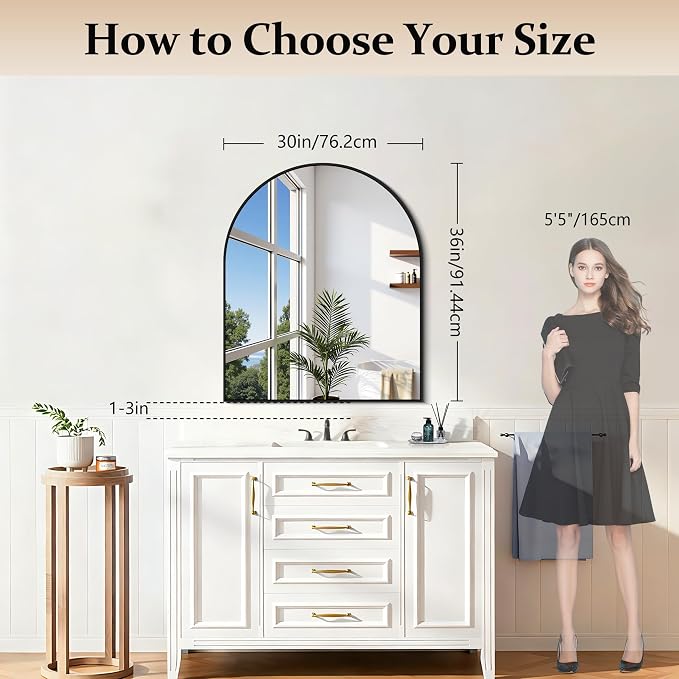 COFENY Black Arch Mirror, 30’’x36’’ Black Mirror for Bathroom, Wide Arched Bathroom Mirror with Metal Frame, Wall Mounted Mirror for Bedroom Living Room Entryway Modern