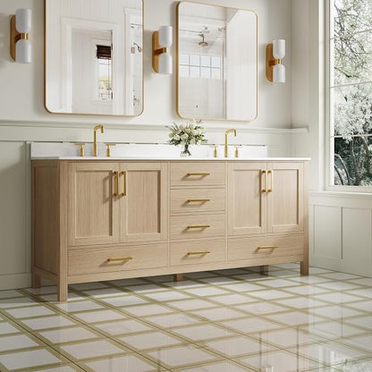 80-Inch Bathroom Vanity with Sink, 4 Soft-Close Doors and 6 Soft-Close Drawers, Bathroom Freestanding Vanity with Cultured Marble Countertop, Oak Vanity W/Gold Handles