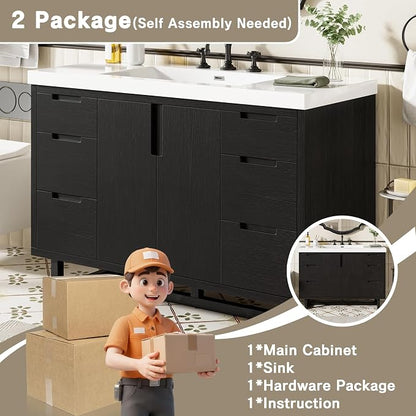 47.2" Bathroom Vanity with 6 Drawers & Resin Sink, Black | 47.2" bathroom vanity with 6 drawers, soft-close doors, SMC resin sink, adjustable shelf and modern design