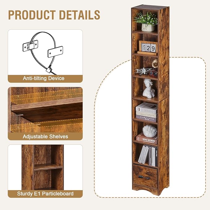 VECELO Tall Narrow Bookshelf with Drawer, 6 Adjustable Movable Shelves, Wood Space Saving Corner Storage Cabinet for Bathroom Bedroom, Retro Brown
