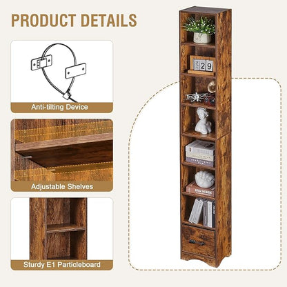 VECELO Tall Narrow Bookshelf with Drawer, 6 Adjustable Movable Shelves, Wood Space Saving Corner Storage Cabinet for Bathroom Bedroom, Retro Brown