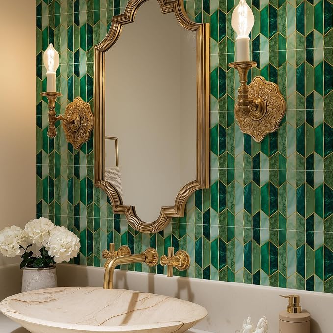 funlife Holographic Emerald Art Deco Peel and Stick Backsplash Self-Adhesive PVC Wall Tiles Easy DIY with Tools for Kitchen Bathroom and Laundry Room 5.9"x5.9"x50-Sheet Chevron Emerald