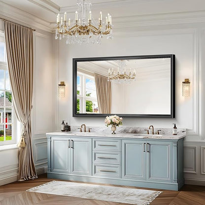 Large Bathroom Mirror, 60 x 36 Inch Rectangular Wall Mirror 0.6" Thickened Deep Frame, Brushed Black Mirrors for Bathroom Sink, Shatterproof Tempered Glass, Antirust, Horizontally or Vertically