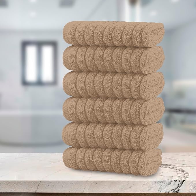 Elegant Comfort 100% Turkish Cotton Corduroy Ribbed Luxury Washcloths 6 Pack Soft 13 x 13 Inch - Higly Absorbent, Durable, Quick Dry, Spa Premium Hotel Quality for Bathroom or Travel, Taupe