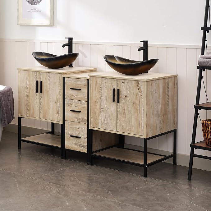UEV Rustic 60" Double Sink Bathroom Vanity with Sink Combo,Industrial Iron Frame Bathroom Cabinet Sets with Middle 3 Drawers Cabinet (Rustic Oak, 029CH)
