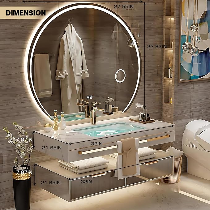 Floating Bathroom Vanity with Sink, Luxury Bathroom Vanity with LED Round Smart Defogger Mirror,Multilayer Solid Wood Spacious Storage Drawer Include Faucet and Drain Fittings,Single Sink(32")