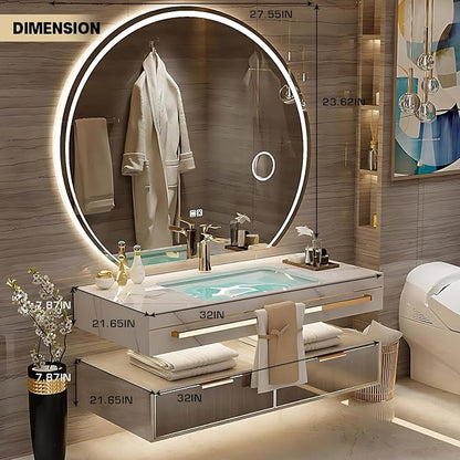 Floating Bathroom Vanity with Sink, Luxury Bathroom Vanity with LED Round Smart Defogger Mirror,Multilayer Solid Wood Spacious Storage Drawer Include Faucet and Drain Fittings,Single Sink(32")