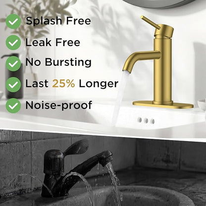 FORIOUS Bathroom Faucet 1 Hole, Single Handle Sink Faucets Brushed Gold | for 1 or 3 Hole 4 Inch Centerset Sink, with Pop-up Drain, NSF61 Certified, for Vanity Rv Commercial Lavatory Restroom Basin